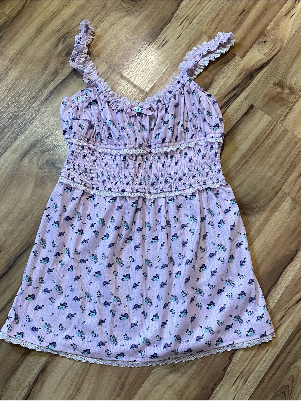 For Love& lemons Lola Pointelle Dress Cottagecore Coquette Floral Ruffle Mini LG